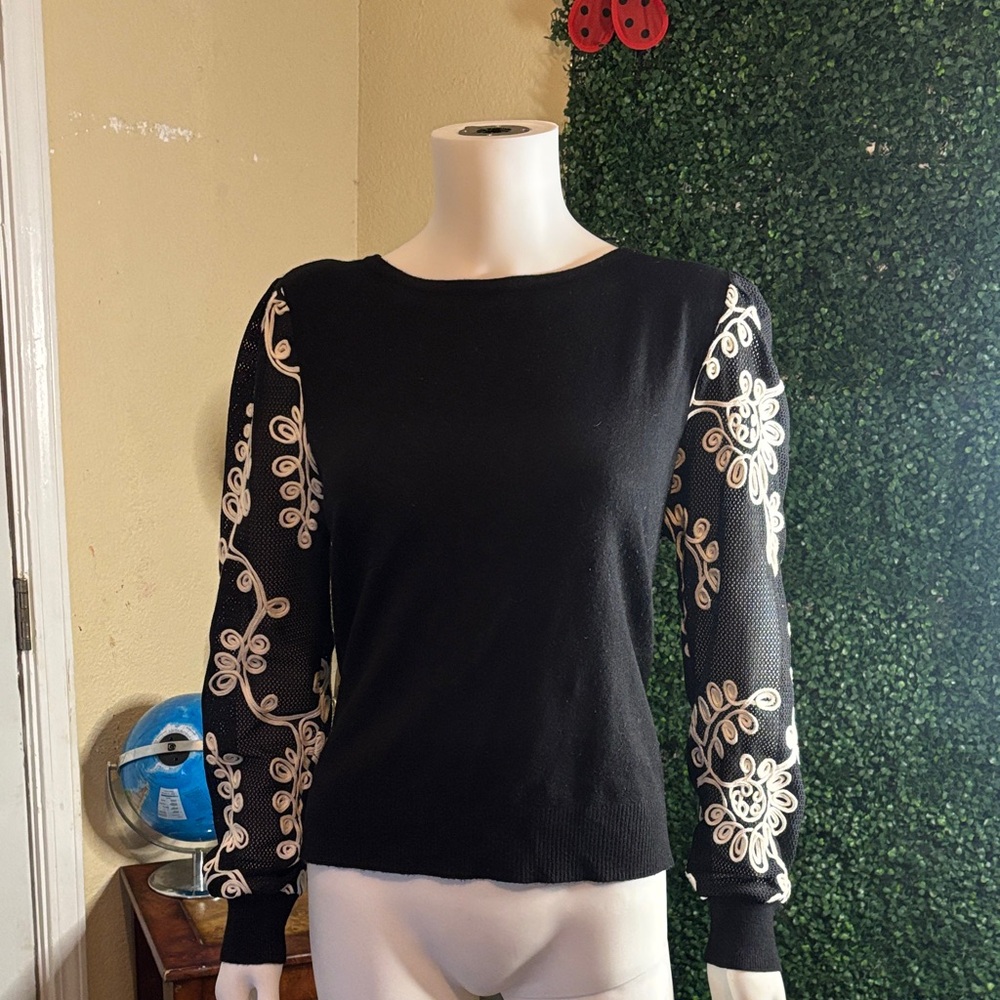 Black Long-Sleeve Knit Top with Cream Embroidered Mesh Sleeves